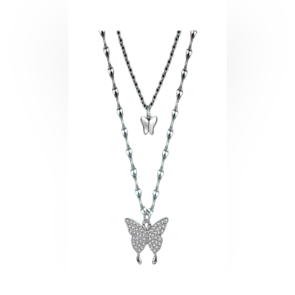 Sterling 925 Silver Butterfly Pendant Double Chains Necklace